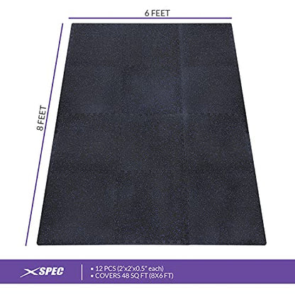 1/2" Thick 48 sq ft (12 Tiles) Interlocking Rubber Top EVA Foam Exercise Mat | Home Gym Mats Workout Flooring Tiles for Gyms, Fitness Rooms | Durable Grip Protective Flooring, Black/Blue