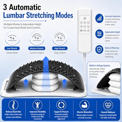 BREEV® Back Stretcher with EMS Electric Pulse Massage, Lumbar Support for Lower Back Pain Relief, Adjustable Spine Decompression Device, 108 Acupressure Nodes & Remote Control