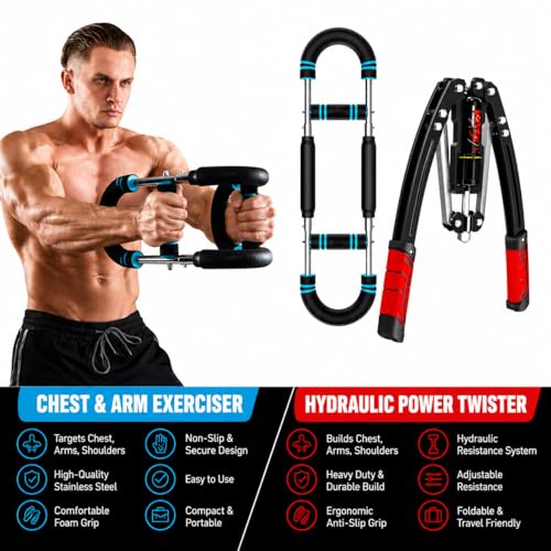 Hydraulic Twister Arm Trainer Chest Workout Duo Set – Adjustable Resistance 22/60 - 440 lbs, Home Gym Full Upper-Body Workout Strength Training – Portable Arm, Chest & Shoulder Workout at Home Gym