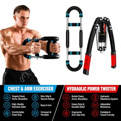 Hydraulic Twister Arm Trainer Chest Workout Duo Set – Adjustable Resistance 22/60 - 440 lbs, Home Gym Full Upper-Body Workout Strength Training – Portable Arm, Chest & Shoulder Workout at Home Gym