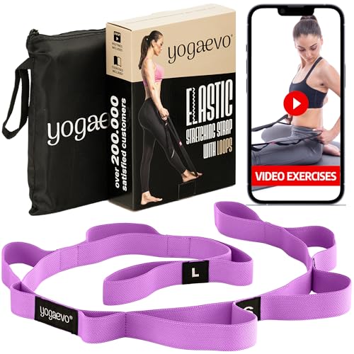 YOGA-EVO Elastic Stretching Strap with Loops for Physical Therapy - Stretch & Activate Muscles - Increase Mobility & Recovery - Soft Cotton & Spandex - Includes Carrying Pouch & Video Exercises - color: Purple
