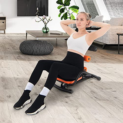 Ab Workout Machine, Height Adjustable Ab Rocker Trainer w/Ergonomic Curved Back, Cushioned Seat, Strong Spring Boost for Core Strength Training, Compact Sit Up Machine for Home Gym