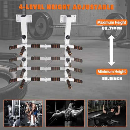 Wall Mounted Pull Up Bar Chin Up bar Multifunctional Adjustable Dip Station for Indoor Home Gym Workout, Power Tower Set Training Equipment Fitness Dip Stand Supports to 440 Lbs (White)