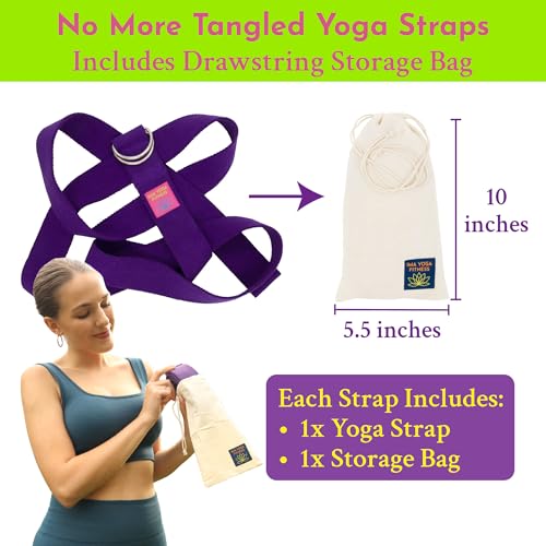 Adaptive Yoga Strap, Stretching Strap, 2 Inches Wide, 100% Naturally Soft Cotton, Steel D-Rings, Includes Natural Cotton Drawstring Storage Pouch and Instructional E-Book