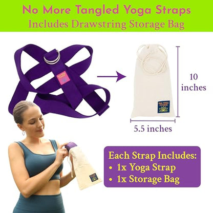 Adaptive Yoga Strap, Stretching Strap, 2 Inches Wide, 100% Naturally Soft Cotton, Steel D-Rings, Includes Natural Cotton Drawstring Storage Pouch and Instructional E-Book