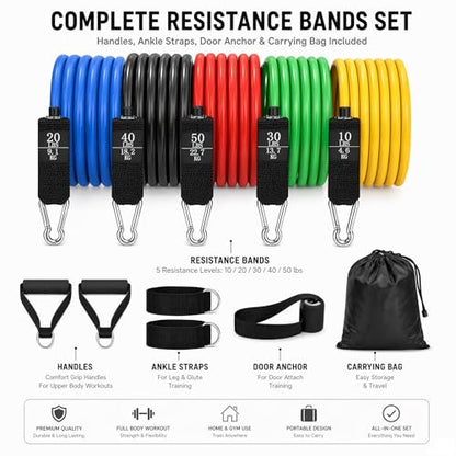 Resistance Bands Set, Exercise Bands with Handles, Door Anchor and Ankle Straps, 5 Stackable Workout Bands Up to 150 lbs, Resistance Bands for Working Out, Physical Therapy, Home Gym for Men and Women