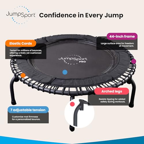 JumpSport 44" PRO Fitness Trampoline Model 530, Professional Rebounder, Adjustable Bounce, Elastic Cord System, 3-Piece Frame, Large Jump Surface, Low-Impact Cardio & Strength Training, 325lb Capacity