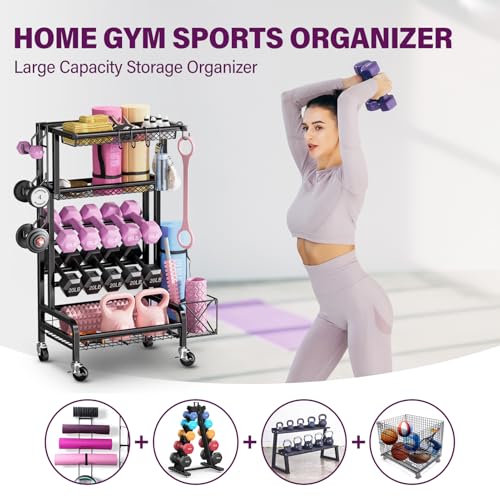 Dumbbell Rack, Weight Rack for Home Gym Storage Rack with Lockable Wheels & Hooks, Workout Equipment Storage for Yoga Mat Foam Roller Kettlebells Resistance Bands