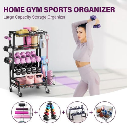 Dumbbell Rack, Weight Rack for Home Gym Storage Rack with Lockable Wheels & Hooks, Workout Equipment Storage for Yoga Mat Foam Roller Kettlebells Resistance Bands