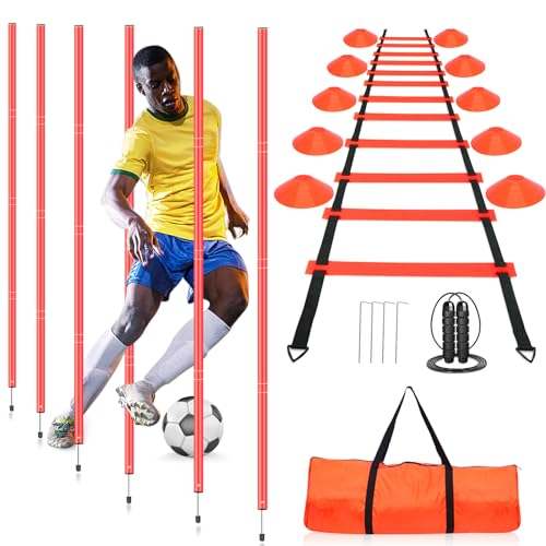 HOTOOLME Agility Training Poles Equipment Soccer Training Equipment Includes 6 Agility Poles,Agility Ladder, 10 Soccer Cones,Jump Rope for Speed Training, Soccer Training, Basketball Athletes & Kids - color: Orange