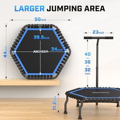 ANCHEER Trampoline, 50'' Rebounder Trampoline for Adult with Bar, Indoor Mini Trampoline, 550LBS Fitness Trampoline with Bungee, Jumping Cardio Equipment, Exercise Trampoline at Home Gym - color: Blue
