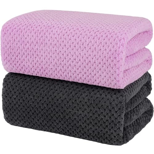 2 Pack Bath Towel Set, Waffle Bath Towel Set, Super Soft Highly Absorbent, Sturdy Quick Drying Towels for Bathroom, Gym, SPA, Yoga (2 Piece 30" x 60", 1Grey+1Purple)