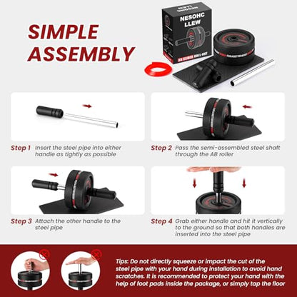 Upgraded Ab Roller Wheel. Abdominal Training Roller for Men/Women, Abdominal Wheels Widened to 3.4 ", Rubber Tread of The Abdominal Wheel Upgraded, Max Weight 490 lbs - color: Red