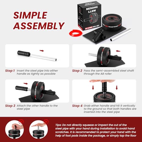 Upgraded Ab Roller Wheel. Abdominal Training Roller for Men/Women, Abdominal Wheels Widened to 3.4 ", Rubber Tread of The Abdominal Wheel Upgraded, Max Weight 490 lbs - color: Red