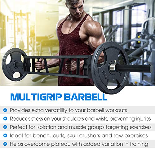 Yes4All Multi Grip Barbell & Cable Attachment - Swiss Bar, American Bar for Greater Range of Motion, with 2 Collars, Fits Olympic Weight Plates - Home Gym & Support Pressing, Lifting & Curls - color: A. Multigrip Barbell 400lbs