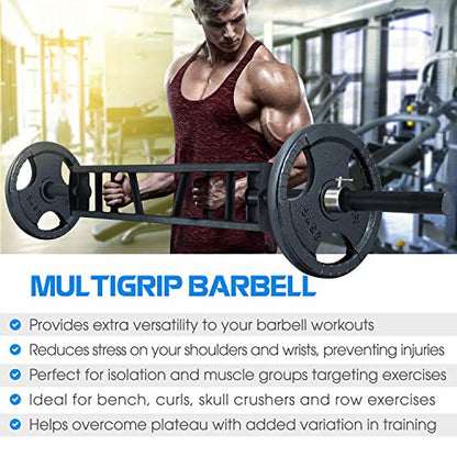 Yes4All Multi Grip Barbell & Cable Attachment - Swiss Bar, American Bar for Greater Range of Motion, with 2 Collars, Fits Olympic Weight Plates - Home Gym & Support Pressing, Lifting & Curls - color: A. Multigrip Barbell 400lbs