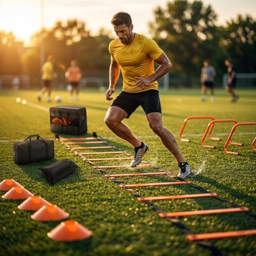 Agility Ladder Training Set - Orange Speed & Footwork Equipment for Sports, Soccer & Fitness - Includes Resistance Parachute, Cones, Jump Rope & Carry Bag