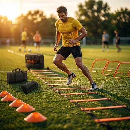 Agility Ladder Training Set - Orange Speed & Footwork Equipment for Sports, Soccer & Fitness - Includes Resistance Parachute, Cones, Jump Rope & Carry Bag