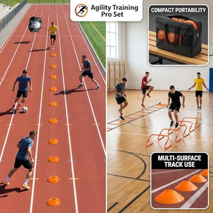 Agility Ladder Training Set - Orange Speed & Footwork Equipment for Sports, Soccer & Fitness - Includes Resistance Parachute, Cones, Jump Rope & Carry Bag