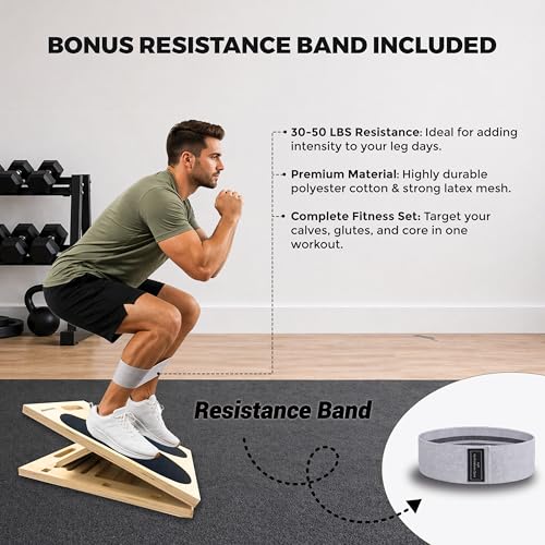 3-in-1 Adjustable Slant Board & Balance Board - Wooden Calf Stretcher and Squat Wedge - 5 Angle Incline Board for Stretching Equipment & Exercise - Includes Resistance Band - (400LBS)