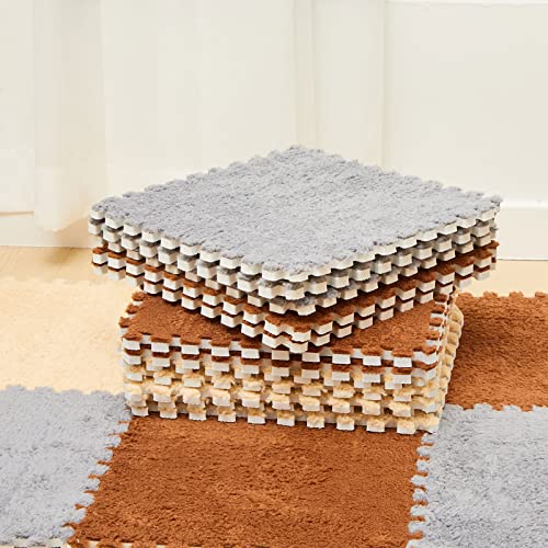 36 Pack Plush Foam Floor Mat Square Interlocking Carpet Tiles with Border Fluffy Play Mat Floor Tiles Soft Climbing Rugs for Bedroom Playroom, 12 x 12 x 0.4 in(Apricot, Coffee, Gray) - color: Apricot, Coffee, Gray