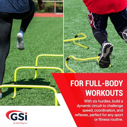 GSi Dual Height Agility Hurdle Pack of 6 – Adjustable 6" & 12" Training Hurdles for Sports, Fitness, and Agility Drills – Durable PVC Yellow Speed Hurdles for Soccer, Track, and Football Training