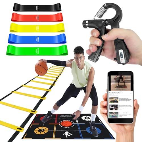 Basketball Training Equipment, Dribble Trainer, Footwork Training, Training Aids with Basketball Training Mat,Agility Ladder,Hand Grip Strengthener,Resistance Bands