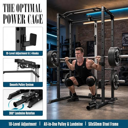 KOPUS Power Rack with Pulley System – Multi-Functional Power Cage Squat Rack, LAT Pull Down, J Hooks & Safety Bars – 1200 lbs Home Gym Equipment – 5 Configurations - size: Cage + Pulley + Bench