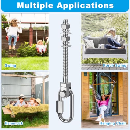 Dolibest Heavy Duty Swing Hanger, 304 Stainless Steel Swing Bolts w/Quick-Connect Carabiner, Swing Hook w/Dual-Screw Locking for Hammock, Yoga Swing, Porch Swing for Wood/Metal Beam-(M10X5'')-1500LB - color: M10X5''-4PCS