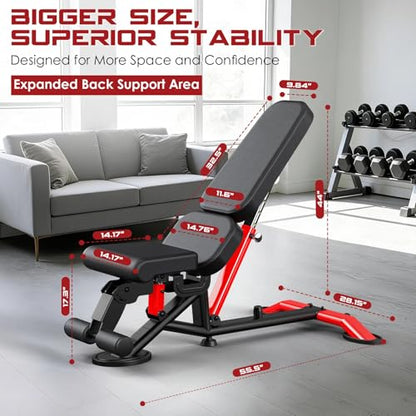 Commercial Adjustable Weight Bench, Heavy Duty 1800LBS Workout Bench for Home Gym, Flat, Decline, Incline Bench Press with Removable Leg for Full Body Strength Training