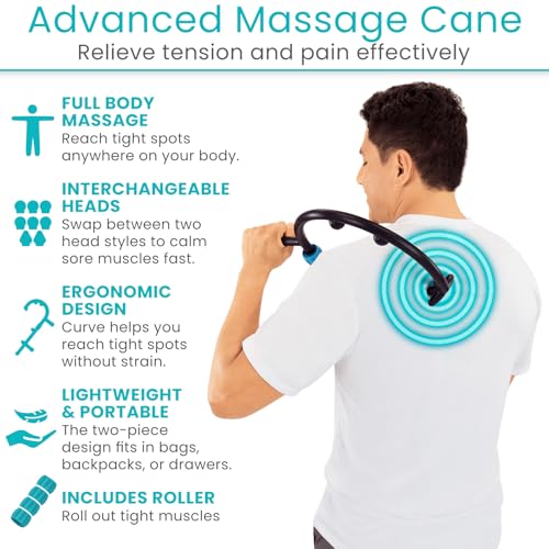 Vive Massage Cane with Roller - Interchangeable Heads - Trigger Point Tool - Neck, Back, Shoulder, Muscles Massager Handheld - Manual Self Massager - Muscle Knot Remover - Deep Tissue Pain Relief - style: Massage Cane with Roller
