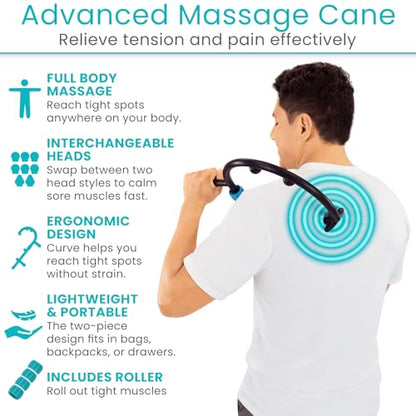 Vive Massage Cane with Roller - Interchangeable Heads - Trigger Point Tool - Neck, Back, Shoulder, Muscles Massager Handheld - Manual Self Massager - Muscle Knot Remover - Deep Tissue Pain Relief - style: Massage Cane with Roller