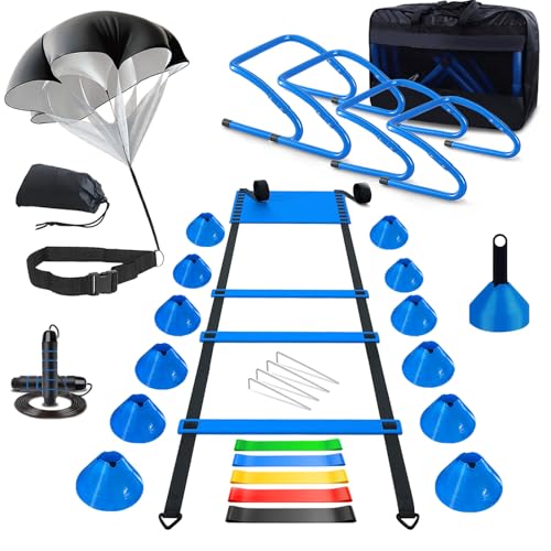 Haootadiy Agility Training Equipment, Football Training Equipment Includes 20FT Agility Ladder,4 Adjustable Agility Hurdles, 12 Football Cones, Parachute, for Training Soccer Basketball Athletes - color: BLUE