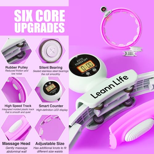 U5 Smart Weighted Hula Hoop with Counter, Waist Trimmer & Wash Bag –16 Knots, 28"–46" Adjustable Infinity Hoop Plus Size, Quiet Rubberized Wheels, Abdominal Toner - color: Purple + Waist Trimmer