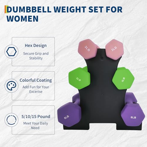 Dumbbell Hand Weights for Women, Neoprene Hexagon Non-Slip Weights Dumbbell Set for Home Gym - size: 3+5+8 LBS