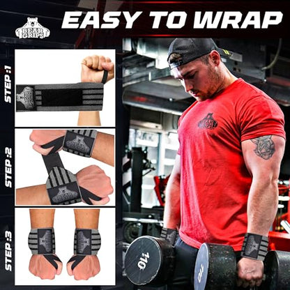 Bear Grips Wrist Wraps for Weightlifting | Weight Lifting Wrist Straps for Weightlifting | Extra Strength Gym Wrist Wraps | Two Wrist Wrap Per Pack | 12” & 18” | Lifting Wrist Wraps for Men & Women - color: Extra Strength: Gray