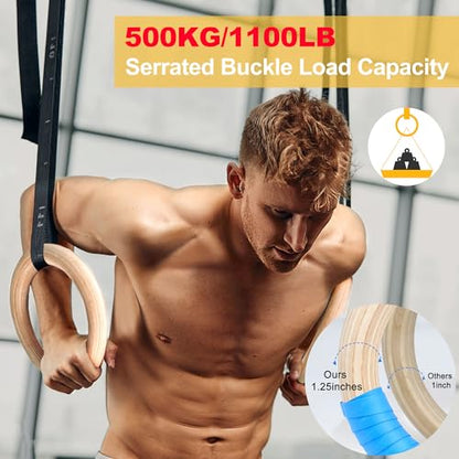 ZILLEEN Wooden Gymnastics Rings 1.25" Olympic Rings with Adjustable Straps for Pull Up Bar Exercise Men Gym Kids