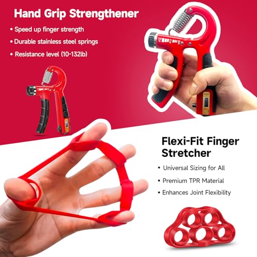 FitBeast Hand Grip Strengthener Workout Kit (5 Pack), 2 Forearm Grip Adjustable Resistance Hand Gripper, Finger Stretcher, Grip Ring & Stress Relief Grip Ball for Athletes - color: Crimson
