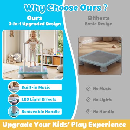 3-in-1 Mini Trampoline for Kids with Music & Lights, Indoor Outdoor Bounce Board, Removable Safety Handle, Sensory Balance Trainer, Non-Slip Base, Ages 3-12, Max 220 lbs