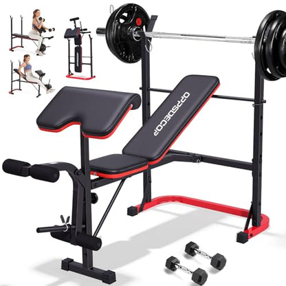 OPPSDECOR 661LBS Weight Bench Set, 8 in 1 Adjustable Bench Press with Squat Rack Leg Extension & Leg Curl Foldable Workout Bench with Safety Bar Catches Standard Weight Training Benches for Home Gym