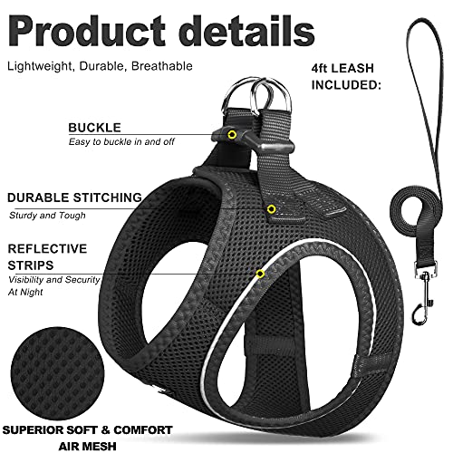 Fida Comfy Dog Harness with Leash, Cat Vest Harness Escape Proof, Breathable Lightweight Soft Mesh, Adjustable Reflective Step-in Harness for Puppy Toy Breeds & Extra-Small Pet (XXS, Black) - color: Black, size: XXS (Neck:11.4"-12.2"; Girth:12.6"-14.2")