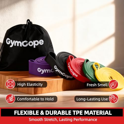 GymCope Pull Up Resistance Bands - Assistance Bands Sets of 3/4/5 for Men & Women, Heavy Duty Workout Exercise Bands for Body Stretching, Muscle Training, Instruction and Carry Bag Included
