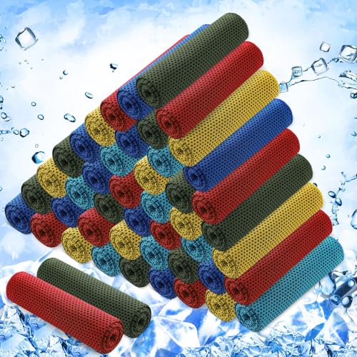 Hosuly 50 Pack Cooling Towels, 40"x12" Yoga Towels Ice Breathable Soft Chilly Sweat Rag Microfiber Workout Rags for Neck and Face for Gym Golf Sport Running - color: Dark Blue, Red, Yellow, Olive Green, Aquamarine