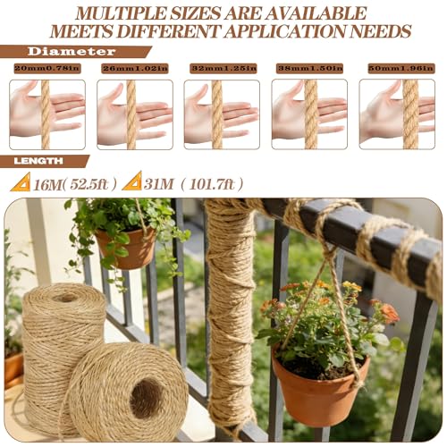 Jute Rope Natural Jute Manila Rope Nautical Hemp Ropes Twisted Natural Thick Heavy Duty Ropes for Crafts, Bundling,Anchor, Hammock, Nautical, Tug of War, Railings,Decorate (1-1/2 in X 100 Ft)