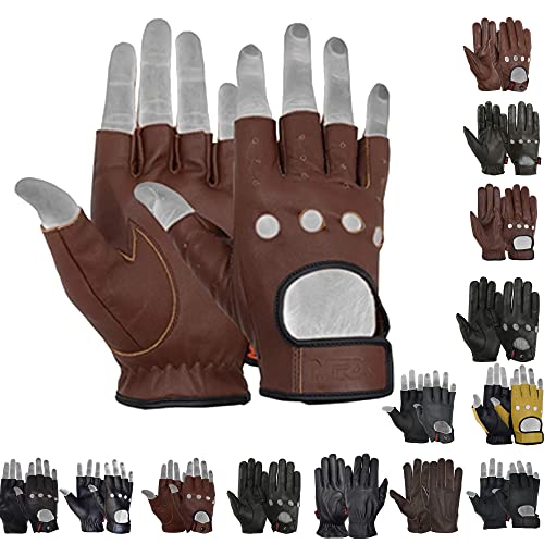 MRX BOXING & FITNESS Mens Driving Gloves Basic Soft Goat Leather Fingerless Breathable Biker Motorcycle Cycling Shooting - color: Half-finger-brown/Strap, size: Medium