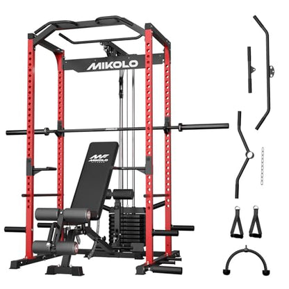 Mikolo F4 2.0 Power Cage with Dual-Track Smooth Pulley System, 1200LBS Power Rack with Leg Hold-Down for Heavy LAT Pulldowns - color: Red, size: F4 2.0 Elite (with Bench＆Bar）