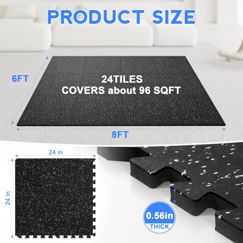 0.56" Thick Rubber Gym Floor Mats, 24 Tiles 96 SqFt, Heavy Duty Flooring - size: 24 Tiles (96 Sq Ft)