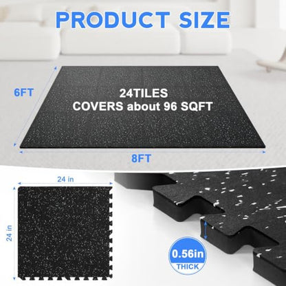 0.56" Thick Rubber Gym Floor Mats, 24 Tiles 96 SqFt, Heavy Duty Flooring - size: 24 Tiles (96 Sq Ft)