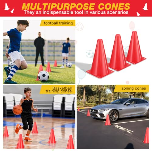 12pcs Cones 9 Inch Soccer Cones and Plastic Traffic Cones, Durable Cones for Sports Training, Ideal for Soccer, Basketball, Football, Skating, and Agility Drills Practice - color: red