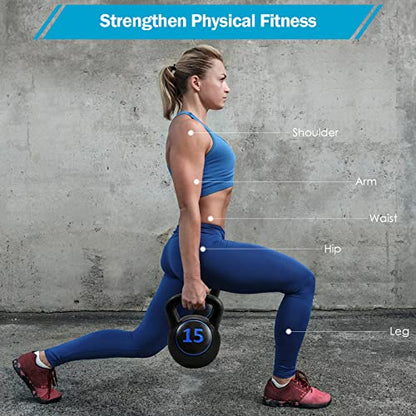 Goplus 3 Pieces Kettlebell Set, 5, 10, 15 lbs HDPE Coated Concrete Fitness Kettle Bells w/Easy Grip Wide Handle, Home Gym Exercise Weights HIIT Workout, Weightlifting, Strength Training, Conditioning